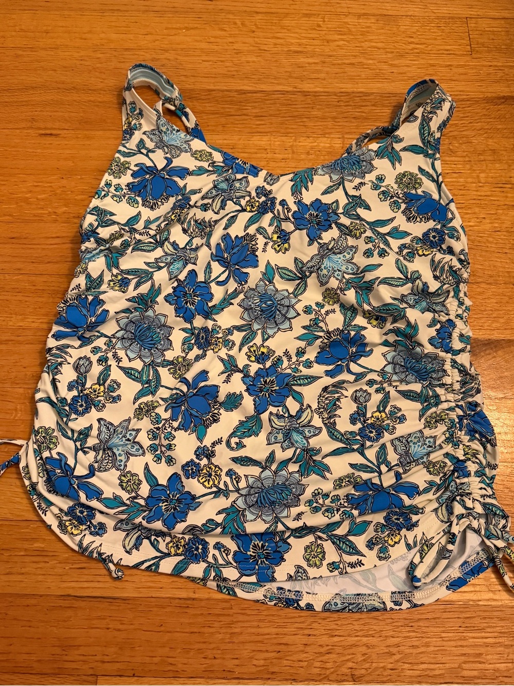 Lands' End White Tankini with Blue Floral Print